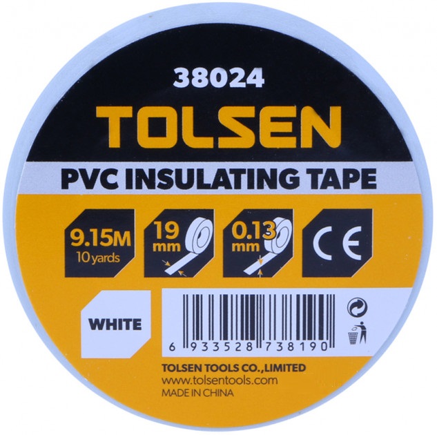 Изолента TOLSEN 19 мм х 9.2 м х 0.13 мм Белая (38024)
