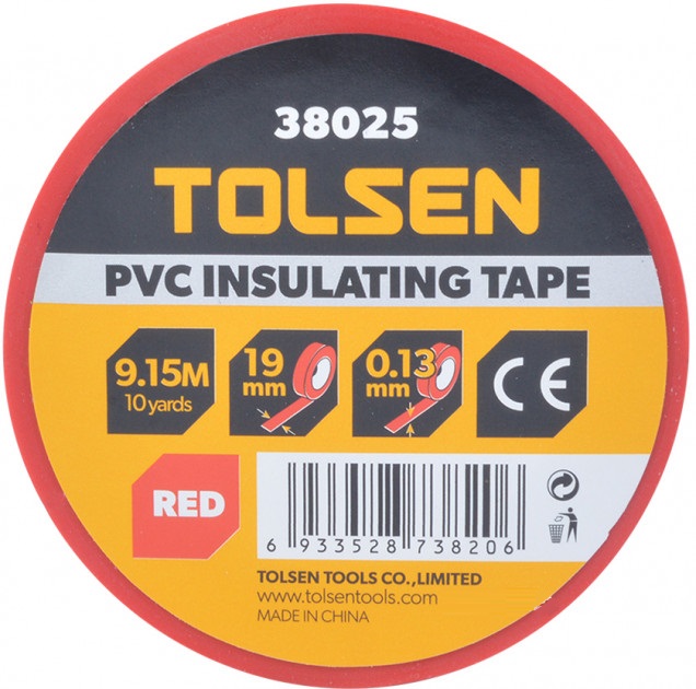 Изолента TOLSEN 19 мм х 9.2 м х 0.13 мм Красная (38025)