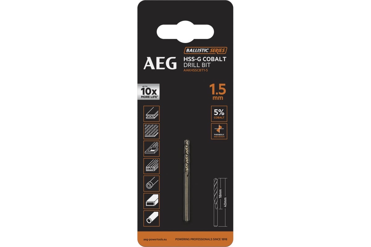 Сверло AEG AAKHSSCBT1-5, HSS-Co, 1.5х18х40 мм (4932479322)