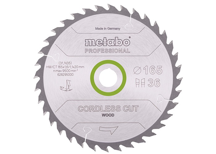 Пильний диск Metabo Cordless cut Wood Professional, 165x20 Z36 WZ 15° (628295000)